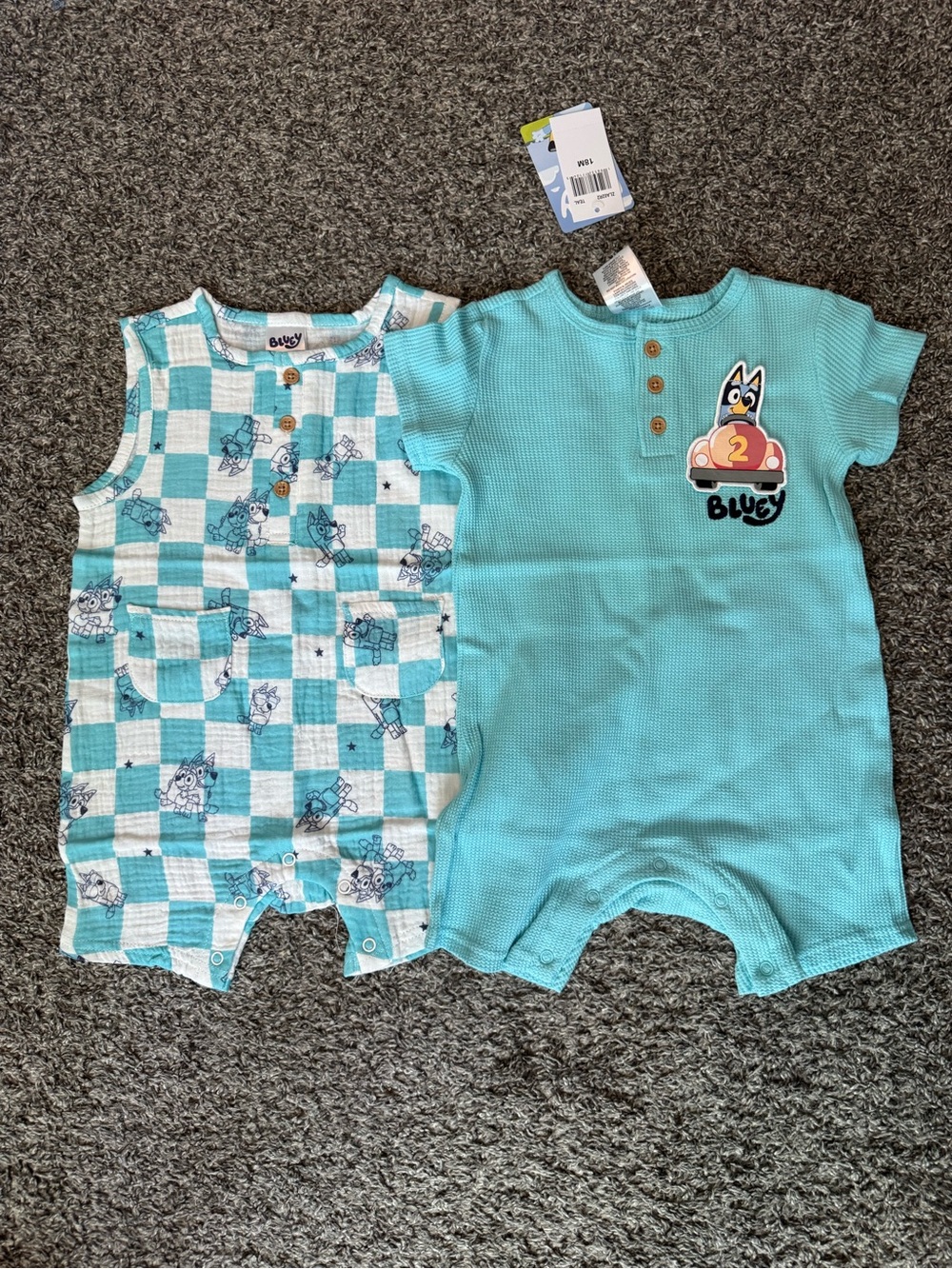 Bluey Baby Romper Set - Aqua Checker & Solid Aqua